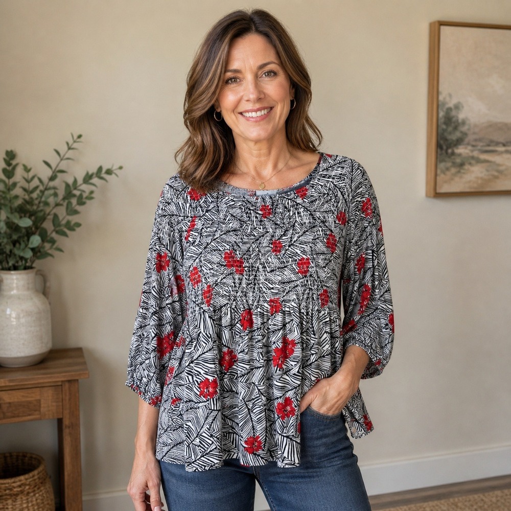 J. Jill Smocked Blouse Women Medium Petite Red Black‎ White Floral Tropical Top